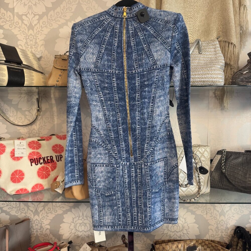 Balmain Denim Jacquard Knit Mini Dress - Size 40 - Picture 6 of 12